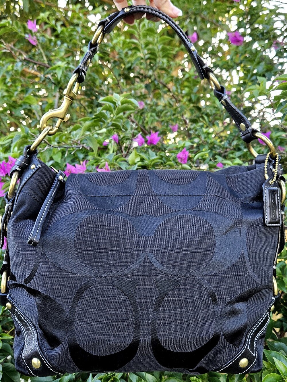 Coach Medium Carly F12857 Black Signature Canvas Brass Leather Y2K Shoulder Bag